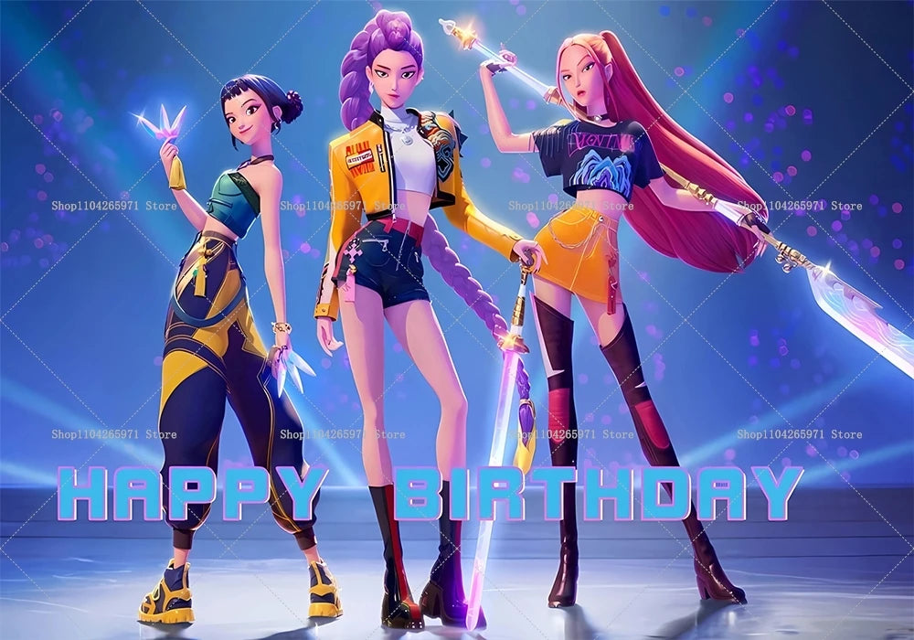 Three female fantasy characters in colorful outfits posing for a birthday backdrop