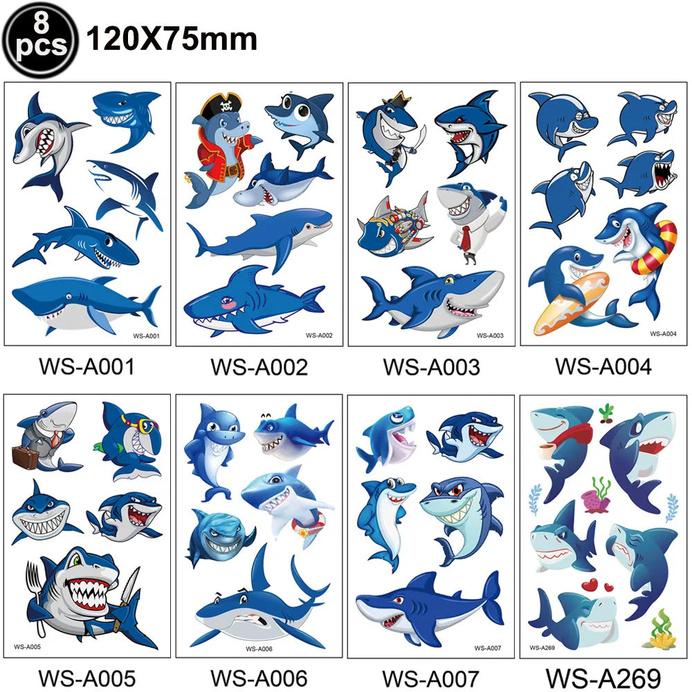 A collection of nine blue shark foil balloons with various poses and colors for ocean-themed party decoration