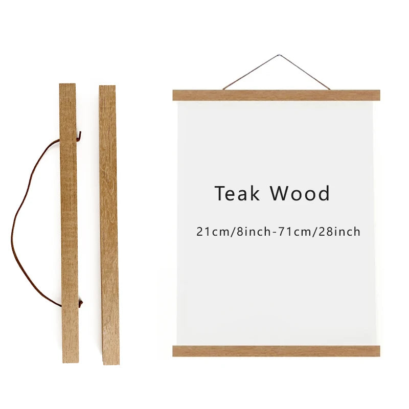 A rectangular art frame with a light wood border and a white mat, featuring the text Teak Wood.