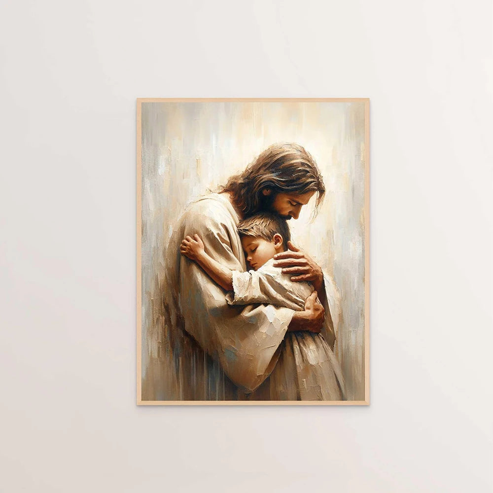A painting depicting Jesus embracing a young child, rendered in soft, warm tones.