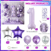 A collection of purple and silver balloons, including a large letter balloon, star balloons, and ribbons for themed events.