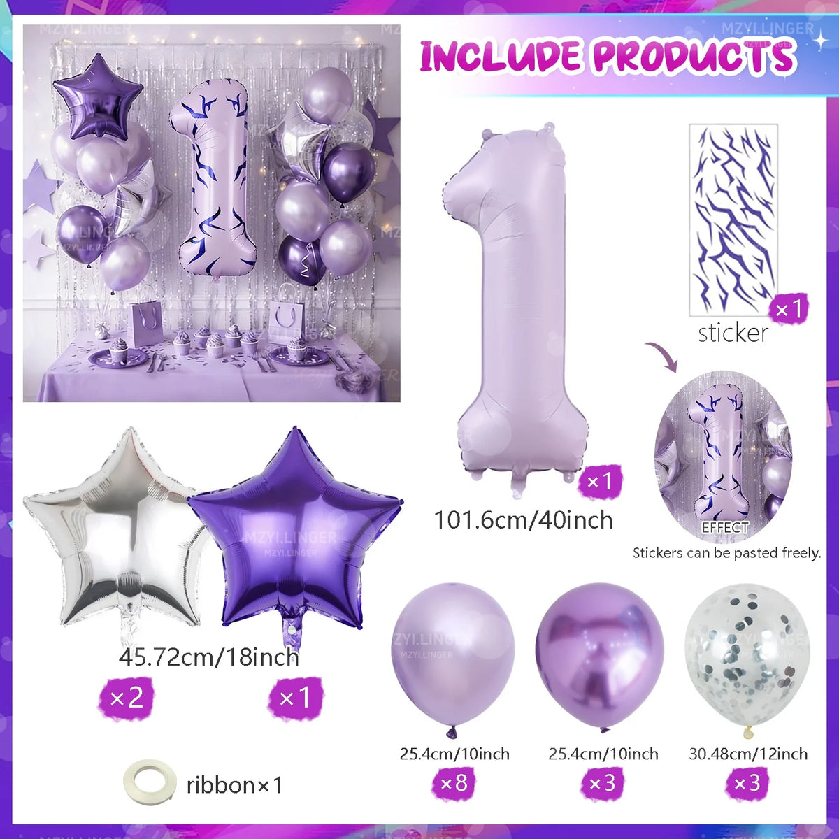 A collection of purple and silver balloons, including a large letter balloon, star balloons, and ribbons for themed events.
