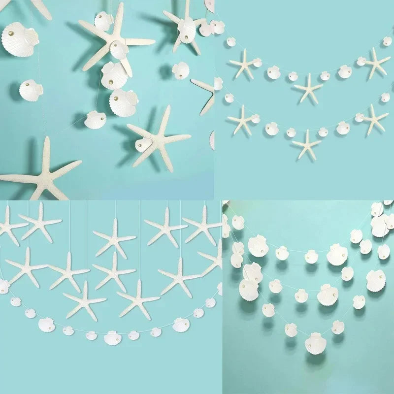 Light blue streamers shaped like starfish and jellyfish in iridescent white and silver colors