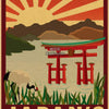 A retro-style poster featuring a Japanese scene with Mount Fuji, a red torii gate, and green foliage against an orange sun ba
