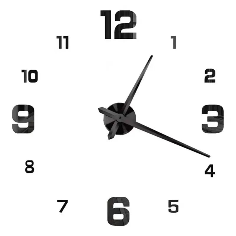 A black and silver modern 3D acrylic wall clock showing the time, with DIY sticker numbers.