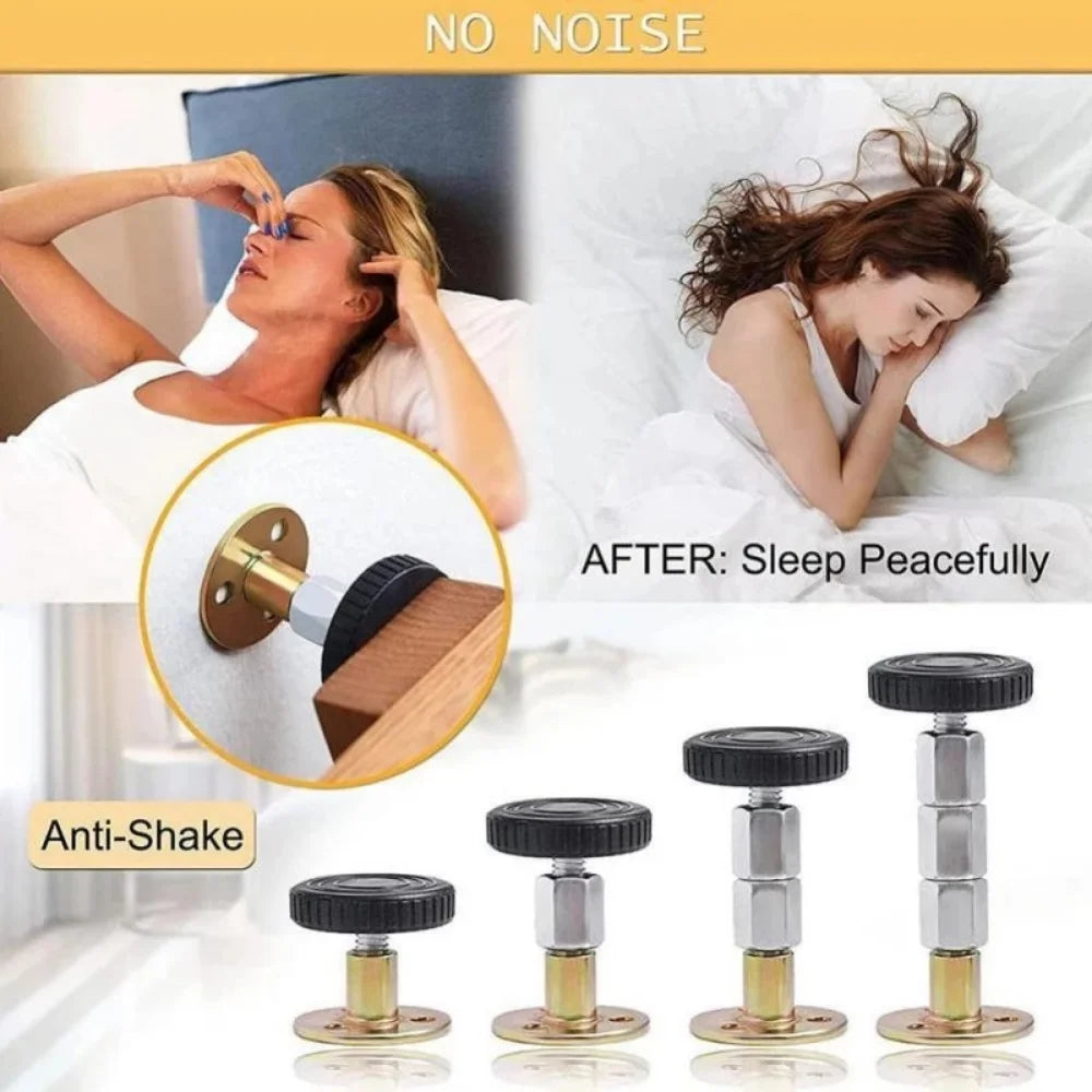 A set of adjustable bed stabilizers or anti-shake mounts shown in various finishes and angles.