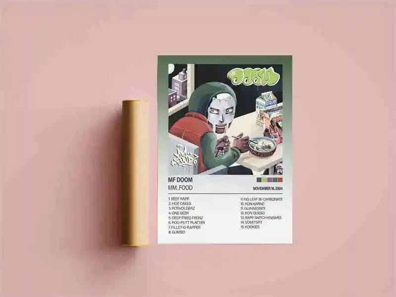 A poster featuring a portrait of MF DOOM and various hip-hop related items on a green background.