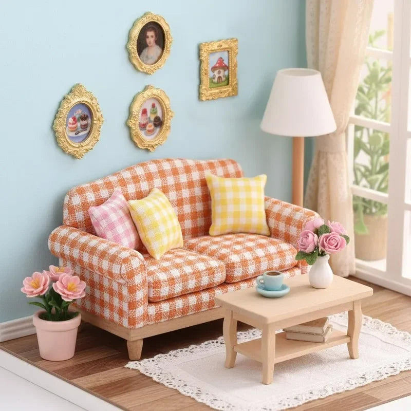 A vintage resin picture frame set of ten displayed on a light blue wall above an orange upholstered armchair.