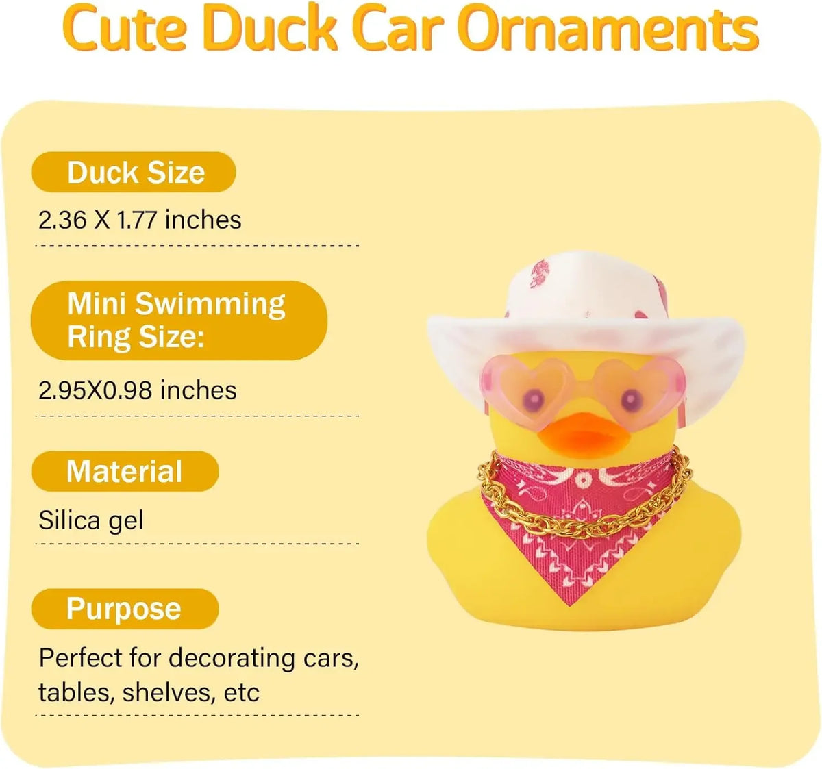 A yellow rubber duck ornament wearing a pink cowboy hat and a gold necklace, used for car or table decoration.