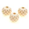 Three natural wooden checkered beads for jewelry making, round and textured.
