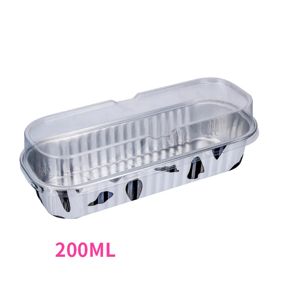 A silver disposable aluminum foil baking tray with a lid, labeled 200ML.