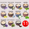 A collection of eleven aromatherapy soy wax candles featuring various fragrances like vanilla, lemon, lavender, and jasmine.
