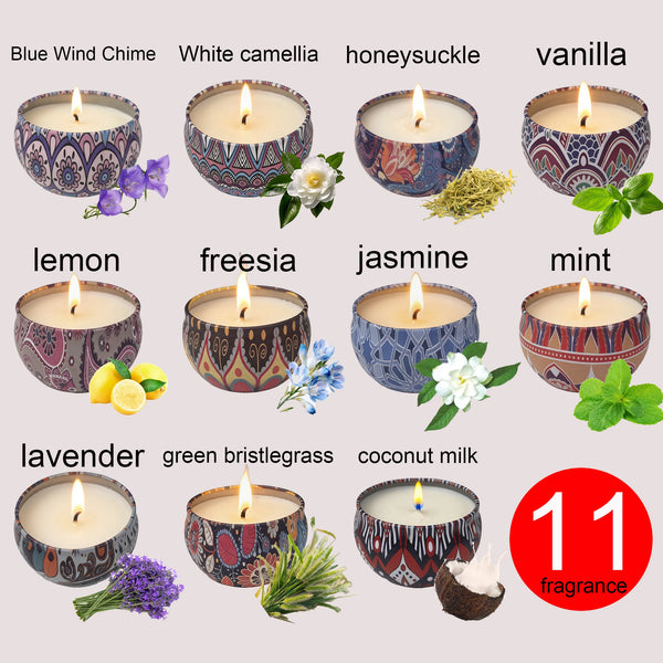 A collection of eleven aromatherapy soy wax candles featuring various fragrances like vanilla, lemon, lavender, and jasmine.