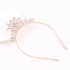 A delicate rose gold birthday tiara crown headband for women and girls displayed on a white background.