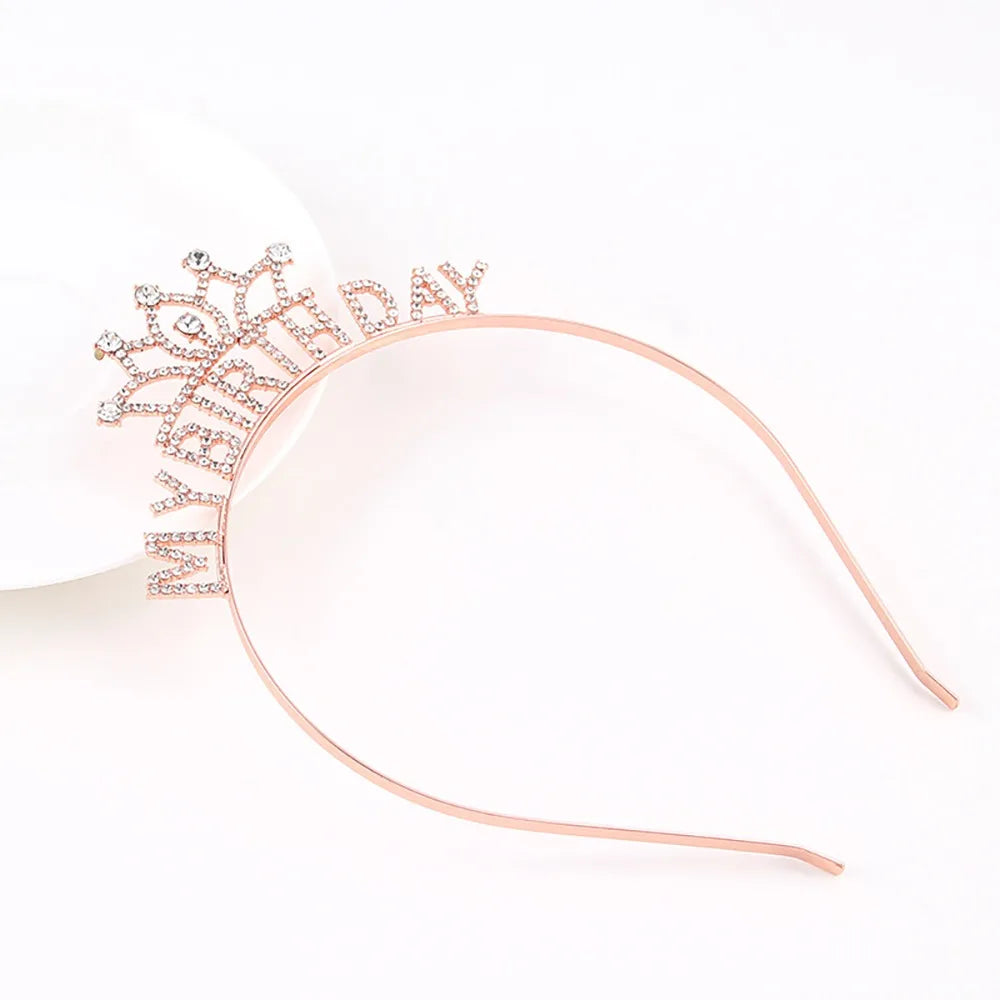 A delicate rose gold birthday tiara crown headband for women and girls displayed on a white background.