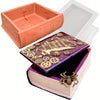 An openable book-shaped silicone mold for resin and concrete DIY featuring a terracotta lid and decorative top