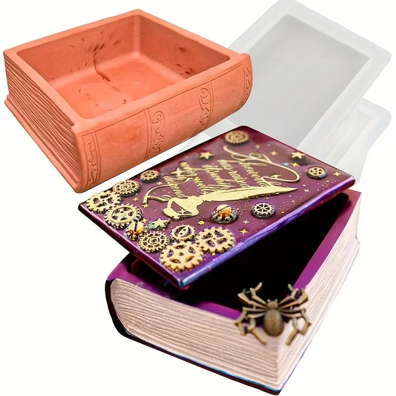 An openable book-shaped silicone mold for resin and concrete DIY featuring a terracotta lid and decorative top
