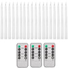 A set of white flamless taper candles with a remote control and timer, shown alongside a digital timer and light control devi
