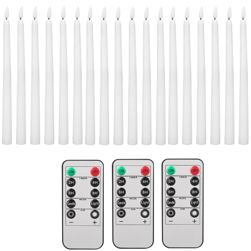 A set of white flamless taper candles with a remote control and timer, shown alongside a digital timer and light control devi