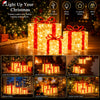 A set of three glowing LED gift boxes with red ribbons and warm white lights displayed in various festive settings.