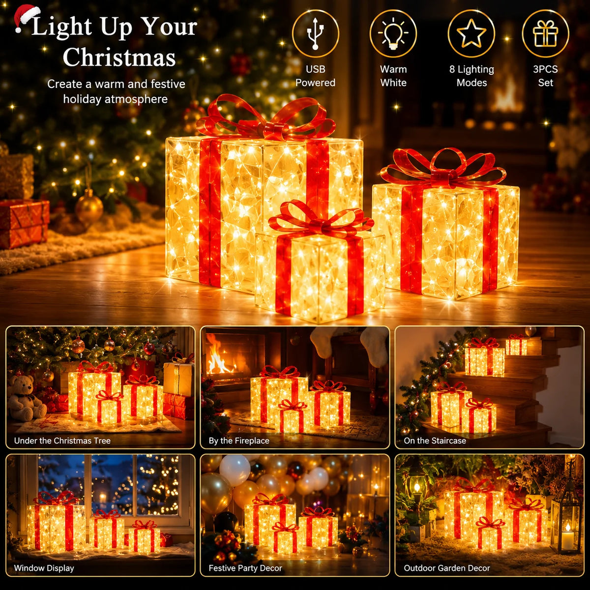 A set of three glowing LED gift boxes with red ribbons and warm white lights displayed in various festive settings.