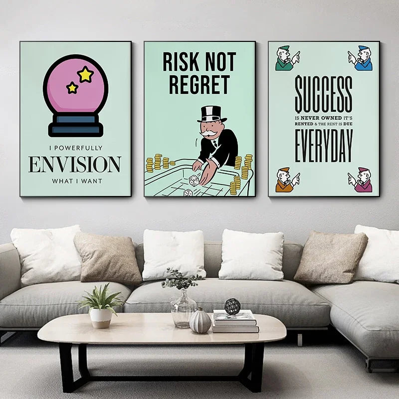 Tres impresiones en lienzo con citas motivacionales sobre fondo verde azulado: 'Yo visiono poderosamente', 'no arriesgar por 