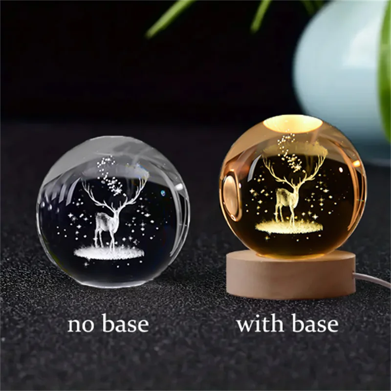 A comparison of a 3D crystal ball night light without a base and with a wooden base.