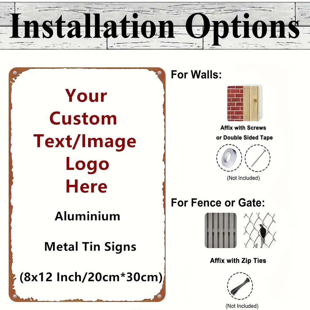Installation options for custom aluminum metal signs, including options for walls and fences.