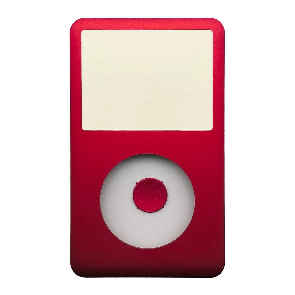A red iPod front faceplate with a circular replacement component visible.