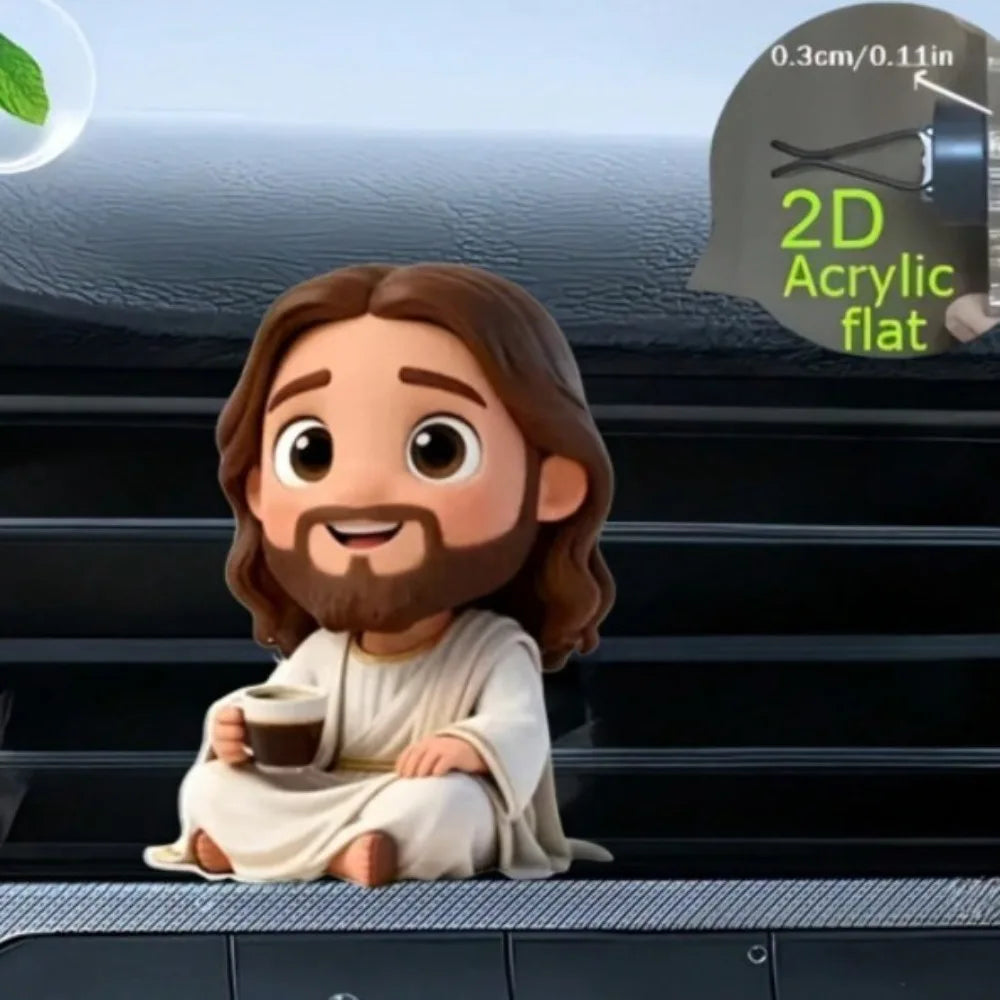 A 2D acrylic flat depiction of Jesus with a beard sitting on a vent grate.