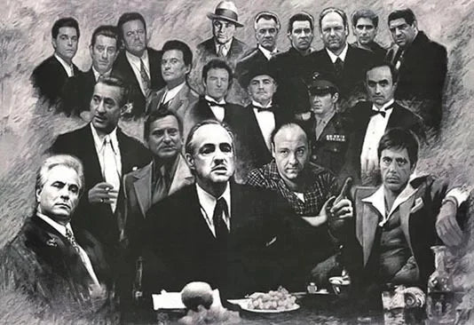 Portrait noir et blanc d'un groupe d'hommes, type film Scarface, en impression sur toile.
