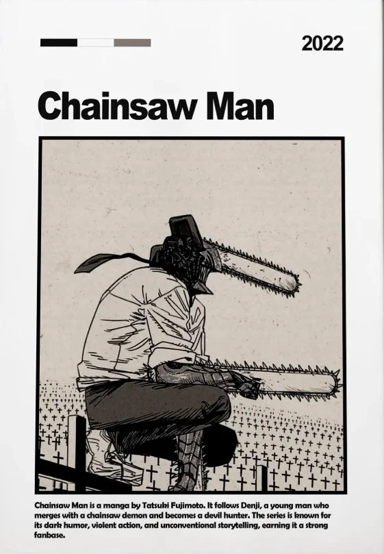 Manga illustration of Chainsaw Man featuring a man with a chainsaw and a devil hunter theme.