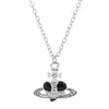 Silver pendant necklace featuring a diamond-inlaid Saturn design.