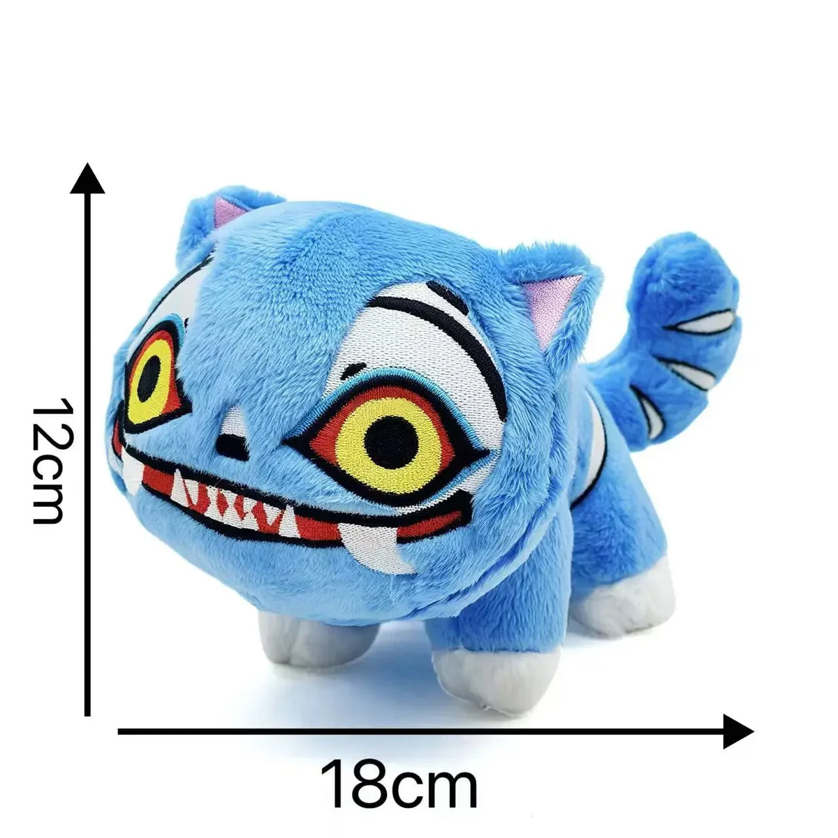 A blue tiger plush toy with large yellow eyes and a white striped face, shown against a white background.
