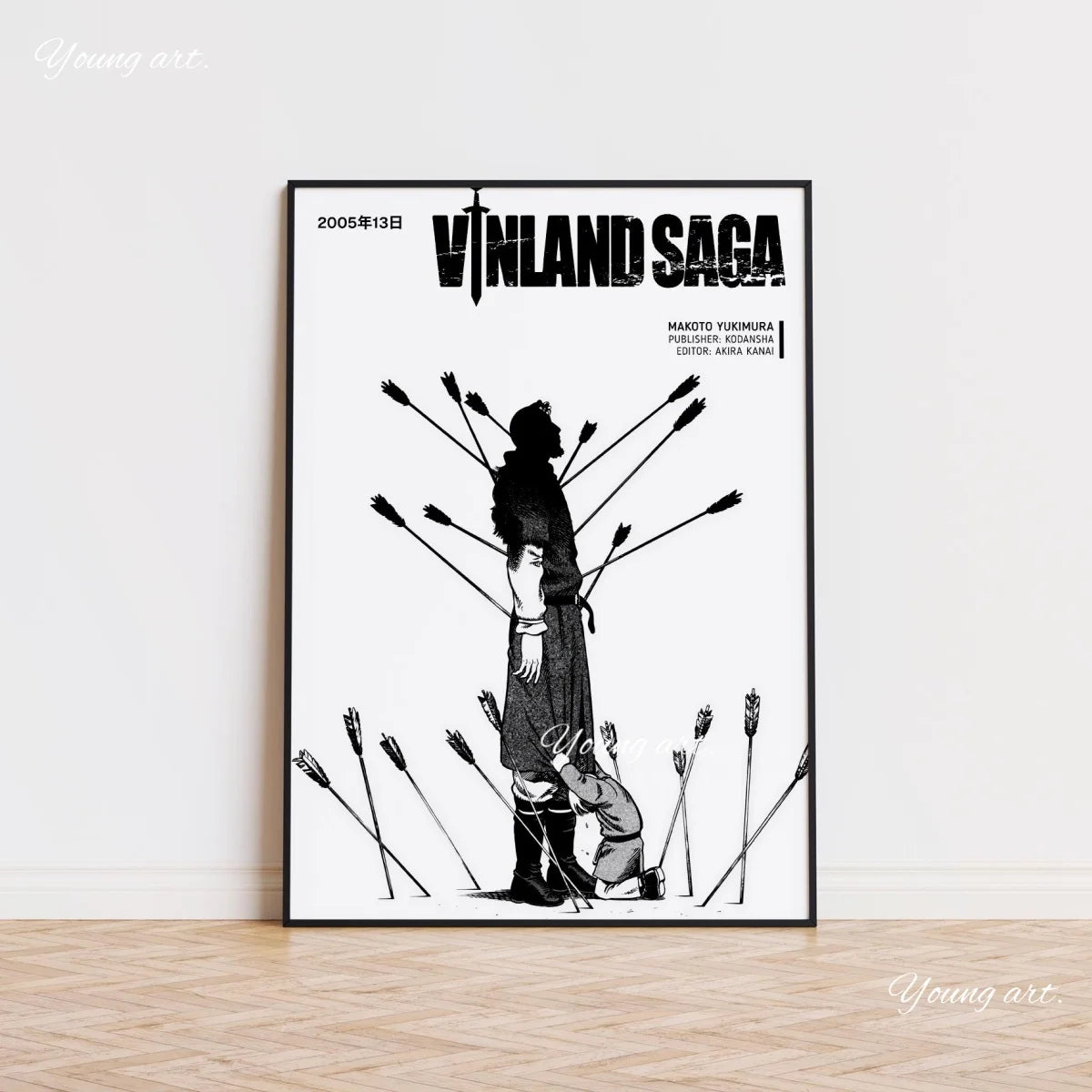 Black and white canvas wall art featuring a silhouette of a warrior with many arrows against a white background.