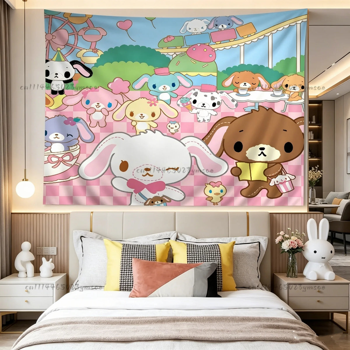 A tapestry featuring a colorful pink and green cartoon animal design for bedroom decor.