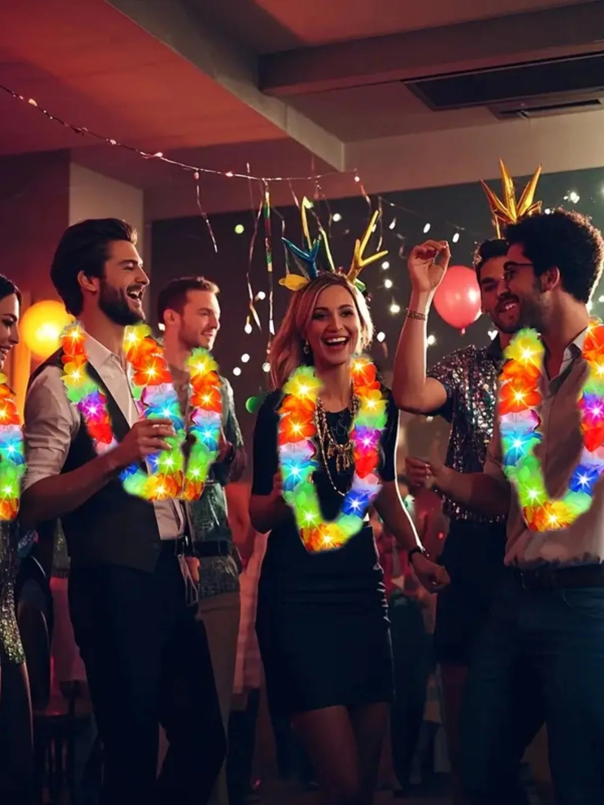 Group of people celebrating with glow-in-the-dark LED Hawaiian lei necklaces at an event