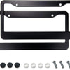 Black stainless steel license plate frame with screw covers and mounting hardware.