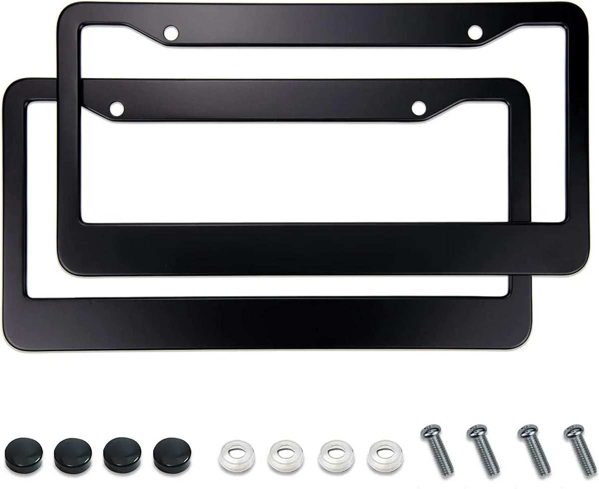 Black stainless steel license plate frame with screw covers and mounting hardware.