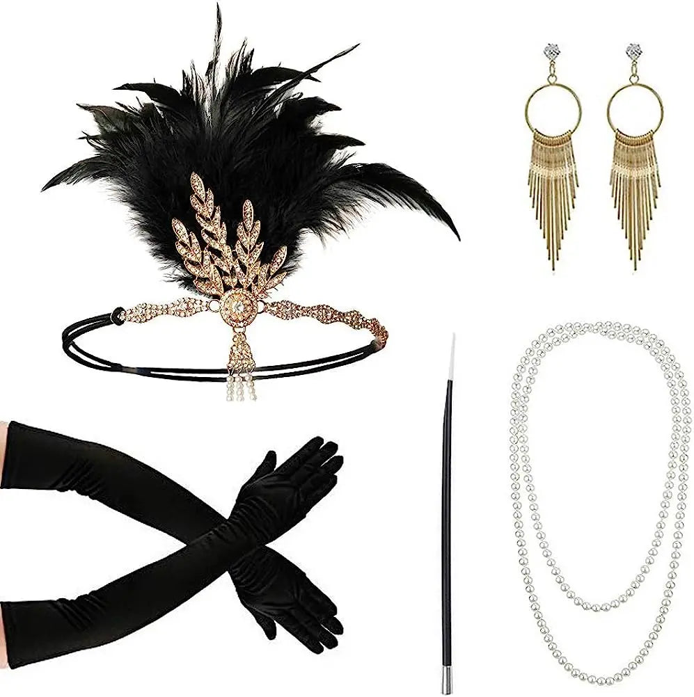 1920s Gatsby Flapper Accessory Set with Headband, Gloves, Pearl Necklace & Cigarette Holder