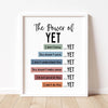 A framed print with the quote The power of YET listing various phrases like I don't know and I can't do this