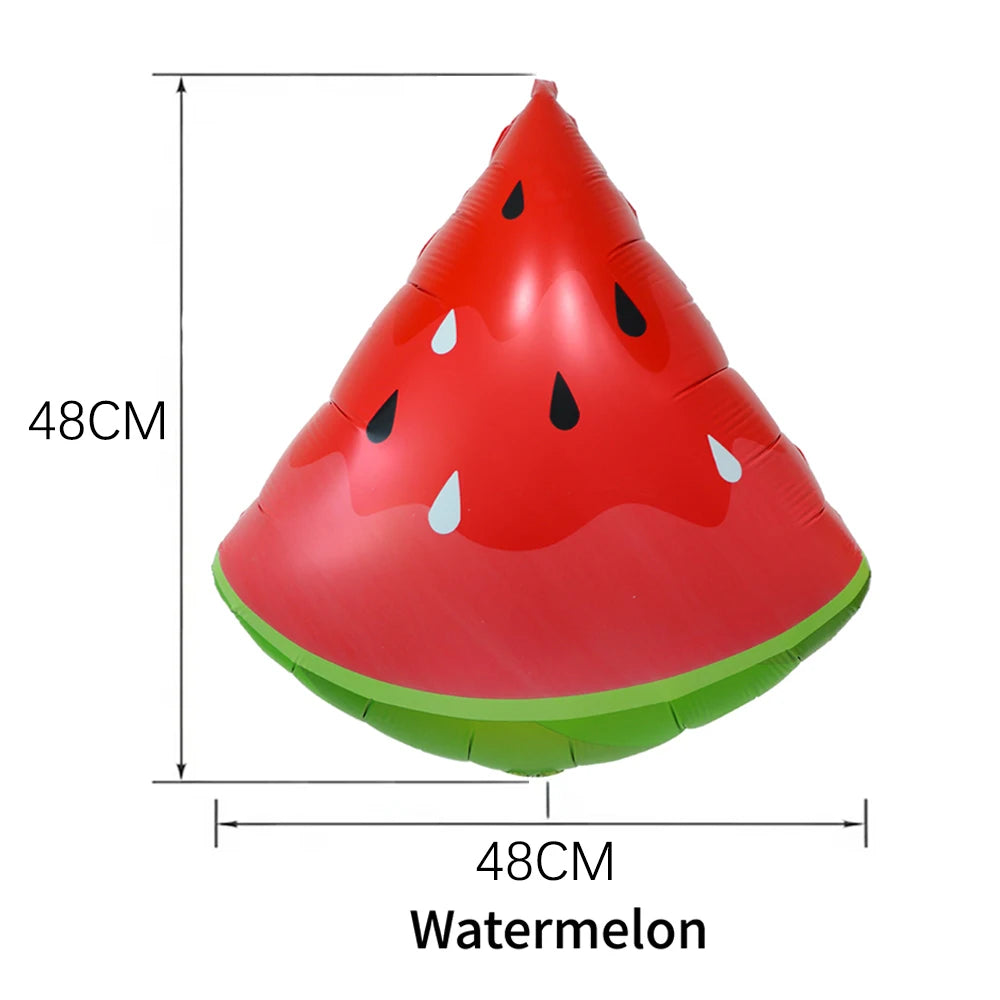 A red watermelon-shaped balloon with black seeds and green rind, measuring 48cm long.