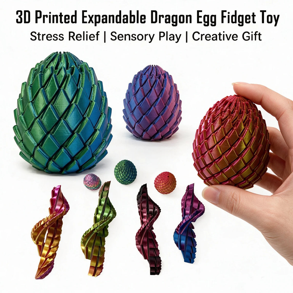 A hand holds a green dragon egg fidget toy and several twisted, colorful plastic dragon egg ornaments.