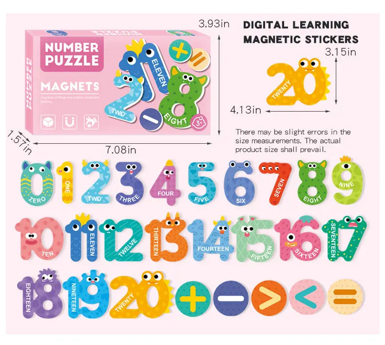 A set of digital learning magnetic stickers featuring numbers, letters, and mathematical symbols for children.