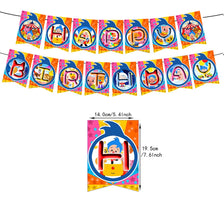 A banner decoration set featuring colorful cartoon animals and letters for a party theme