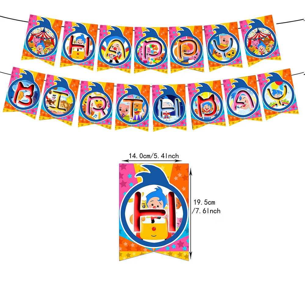 A banner decoration set featuring colorful cartoon animals and letters for a party theme