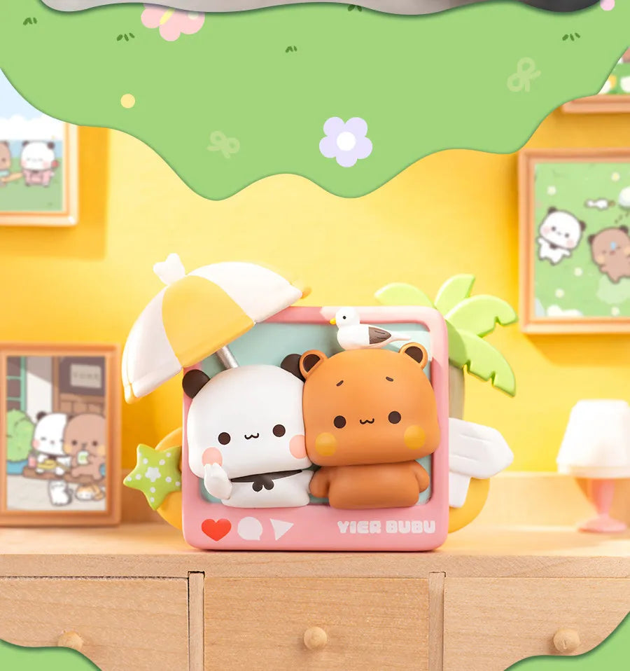 A set of Yier & Bubu series fridge magnet collectible dolls featuring a white and an orange bear face.