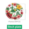 A plate of ten floral paper plates featuring pink, yellow, and red hibiscus designs.