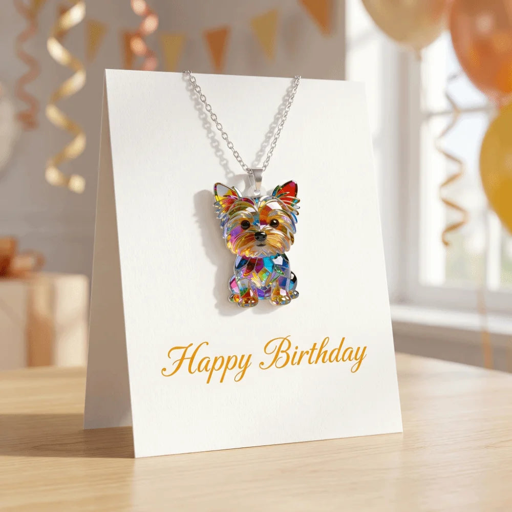 A gold-colored acrylic pendant necklace featuring a Yorkshire Terrier charm, displayed on a white card with a birthday messag