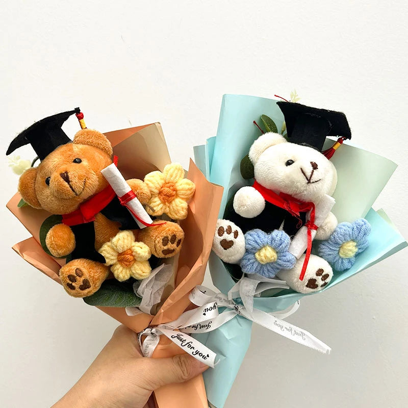 Handcrafted crochet flower bouquet featuring a teddy bear wearing a graduation cap